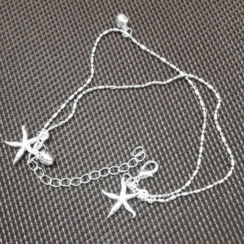 Silver Womens Dble Layer Starfish Beaded Chain Adjust Anklet Ankle Bracelet D668