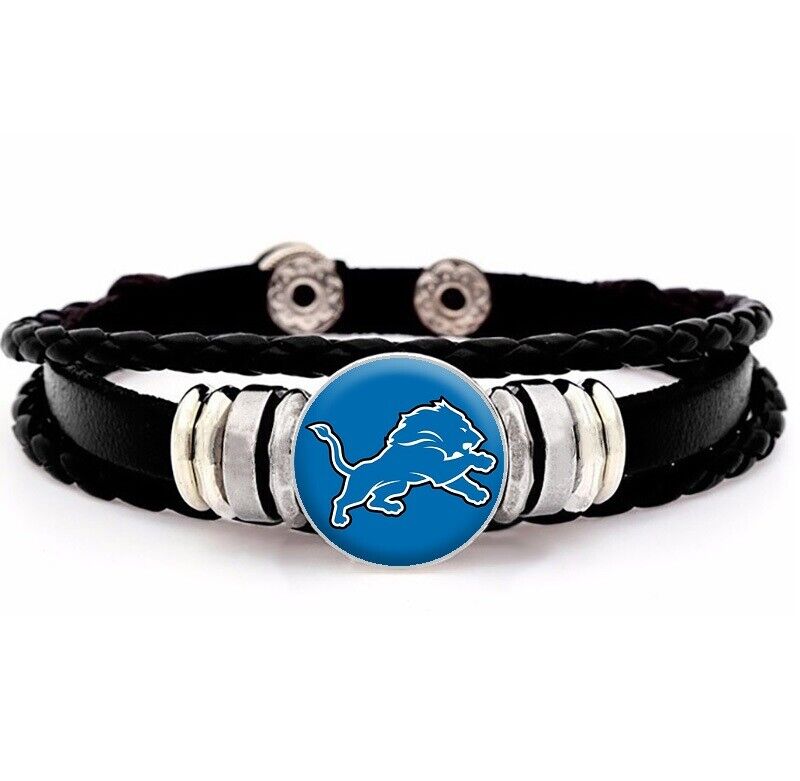 Detroit Lions Mens Womens Black Leather Bracelet Football W Giftpg D14