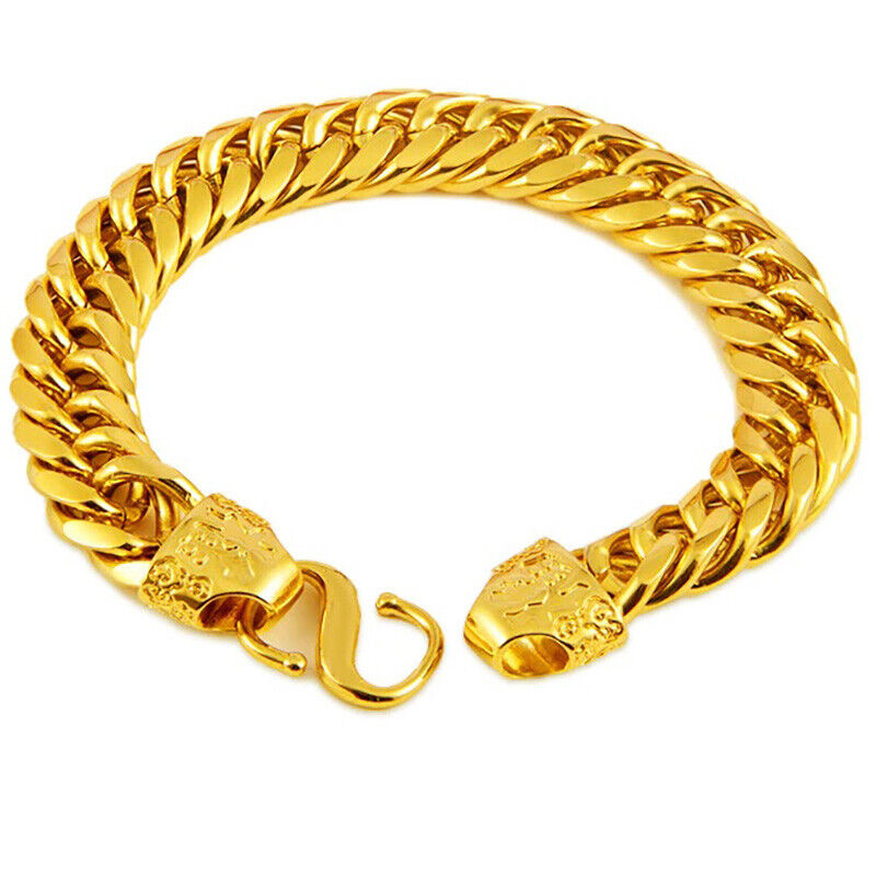 24k Yellow Gold Mens Large 8.25 Cuban Curb Link Chain Bracelet w Gift Pkg