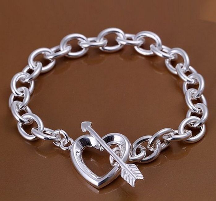 Mothers 925 Sterling Silver Womens Heart Charm Small 6 1/2" Bracelet Bangle D129